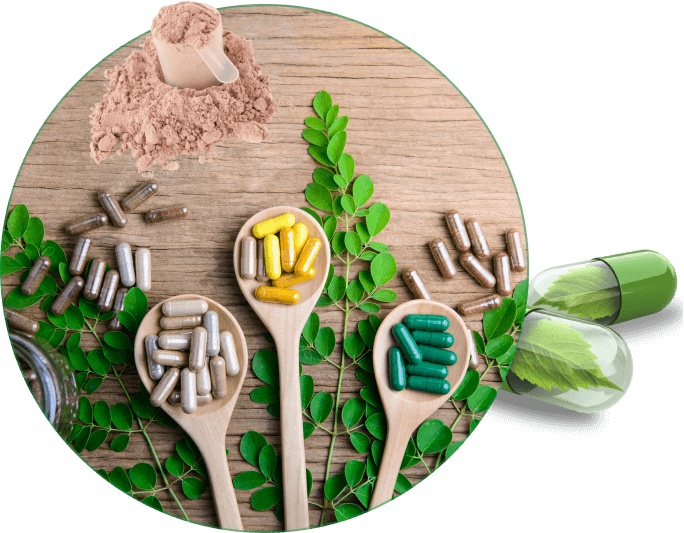 Jinan herbal capsules surrounded by natural plant ingredients